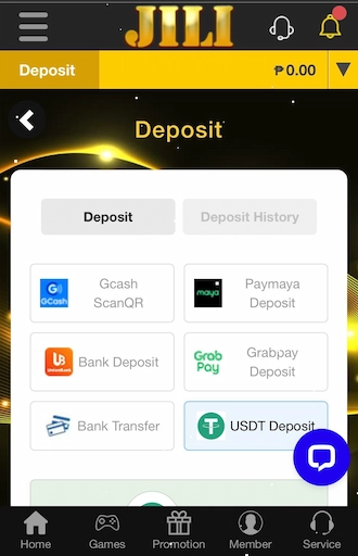 Step 1: choose the deposit method using a USDT wallet.